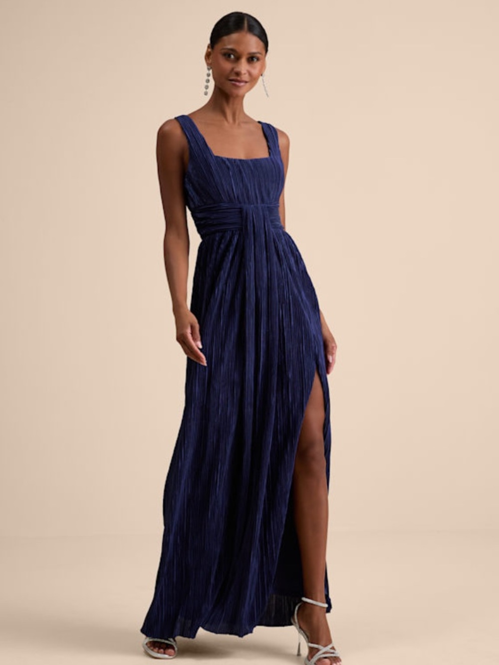 Lulus Ameena Navy Blue Plisse Square Neck Sash Maxi Dress - Size L
